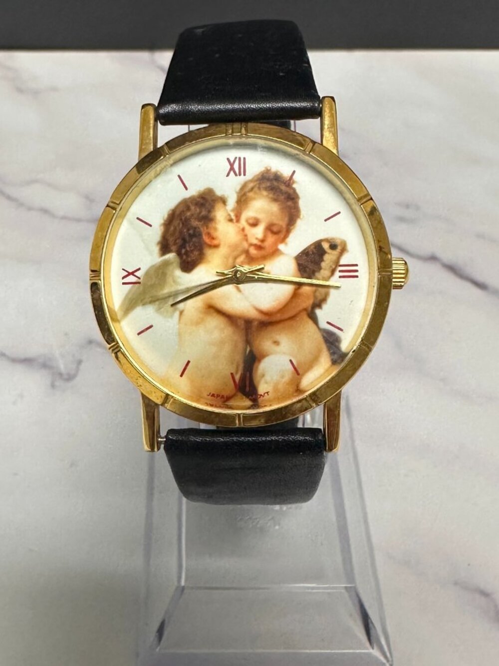 Vintage Cherub Watch Women Gold Tone Round Dial Black Leather Band New Battery